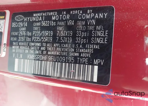 2015 Hyundai Santa Fe Gls from USA, damaged, VIN KM8SRDHF9FU109195